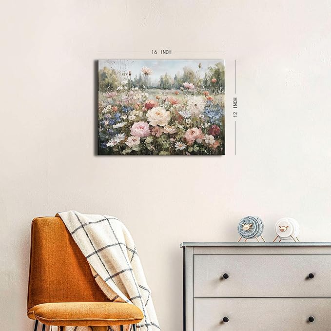 Vintage Flower Wall Art Pink Roses Wall Decor for Bathroom Farmhouse Landscape Canvas Prints Rustic Colorful Flower Pictures Wall Decor Wildflower Artwork Living Room Bedroom Home Decoration 12x16"