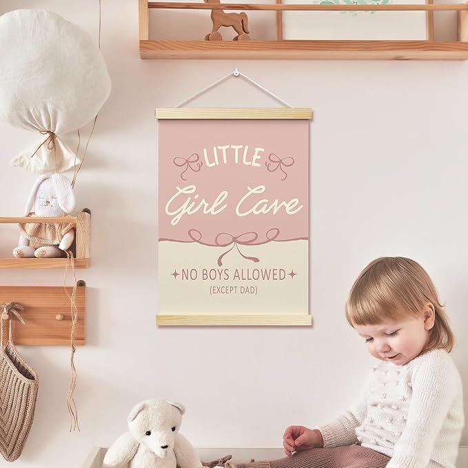 Little Girl Cave Posters Hanger Frame for Girls Room Hanging Pink Bows Poster for Bedroom Kids Room Classroom Decor Wall Art Decor for Nursery Playroom Canvas Wall Art Print 16x12 Inches - YY044
