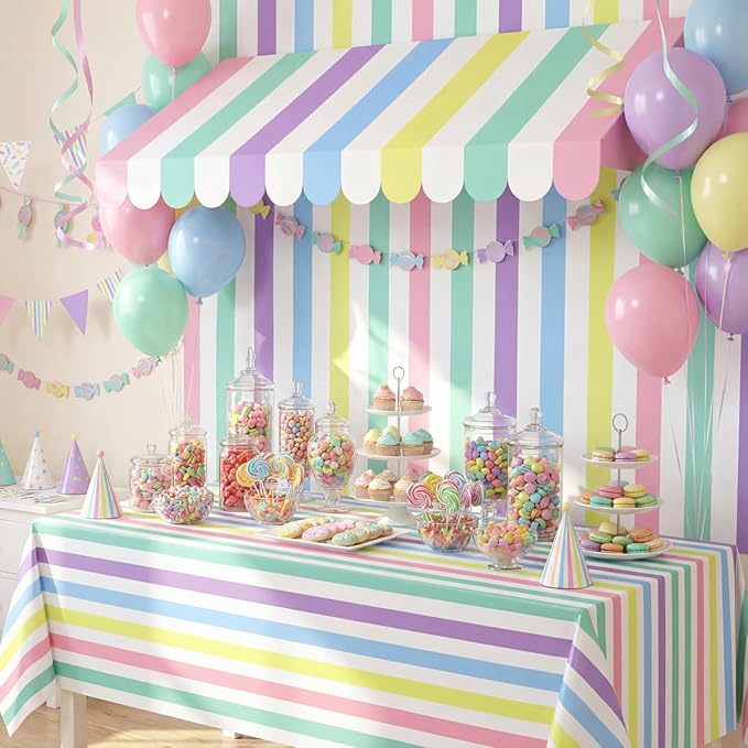 Boao 4 Pack Pastel Circus Awning Decoration Macaron 3D Stripe Cardboard Awning Pastel Wall Decor Colorful Carnival Party Favor for Spring Easter Bakery Ice Cream Truck Bulletin Board
