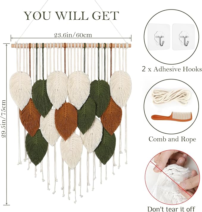 KHOYIME Macrame Wall Hanging Boho Woven Tapestry, Chic Home Decor Modern Bohemian Handmade Leaf Feather Wall Art Decorations for Apartment Dorm Living Room Bedroom Nursery Backdrop 23.6" W X 29.5" L
