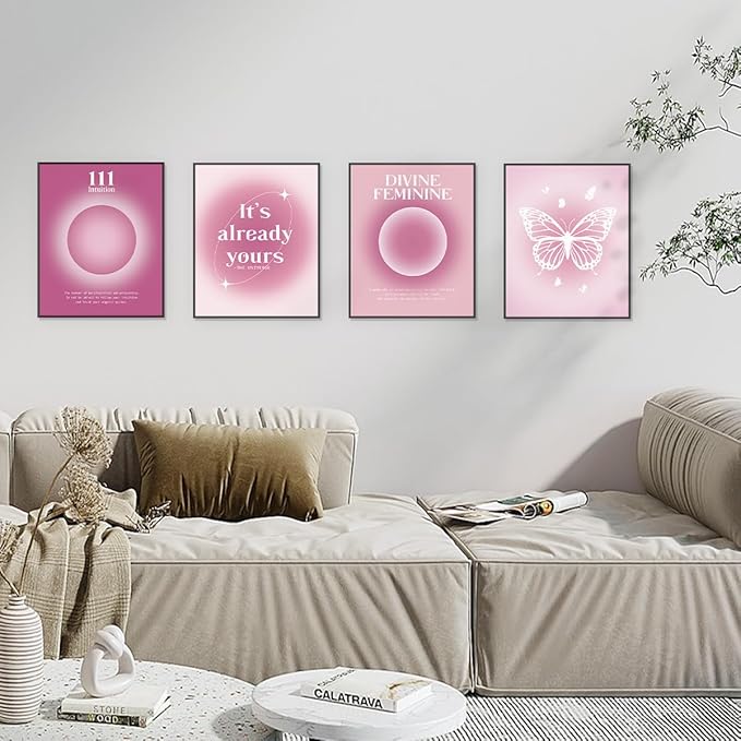 PLKMN Y2K Posters Set of 4, Pink Aura Energy Wall Decor, Gradient Feminine Art Prints for Girls Bedroom, Dorm Room Decoration, 8x10 Inch, Unframed