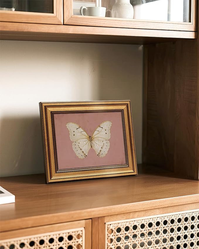 InSimSea Gold Framed Canvas Wall Art, Vintage Wall Decor for Living Room, Moody White Butterfly Paintings Farmhouse Decor, Small Minimalist Prints for Bedroom Bathroom Shelf Gift, 8x10inch