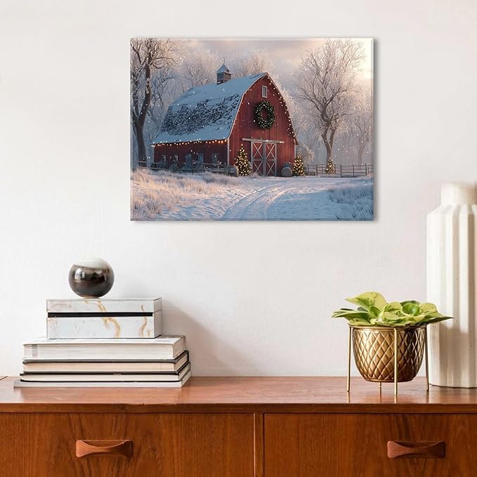 Christmas Farmhouse Canvas Wall Art Red Barn Pictures Wall Decor Christmas Tree Poster Vintage Snowy Country Prints Artwork Winter Snow Scenic Painting for Living Room Bedroom Home Decorations 12x16"