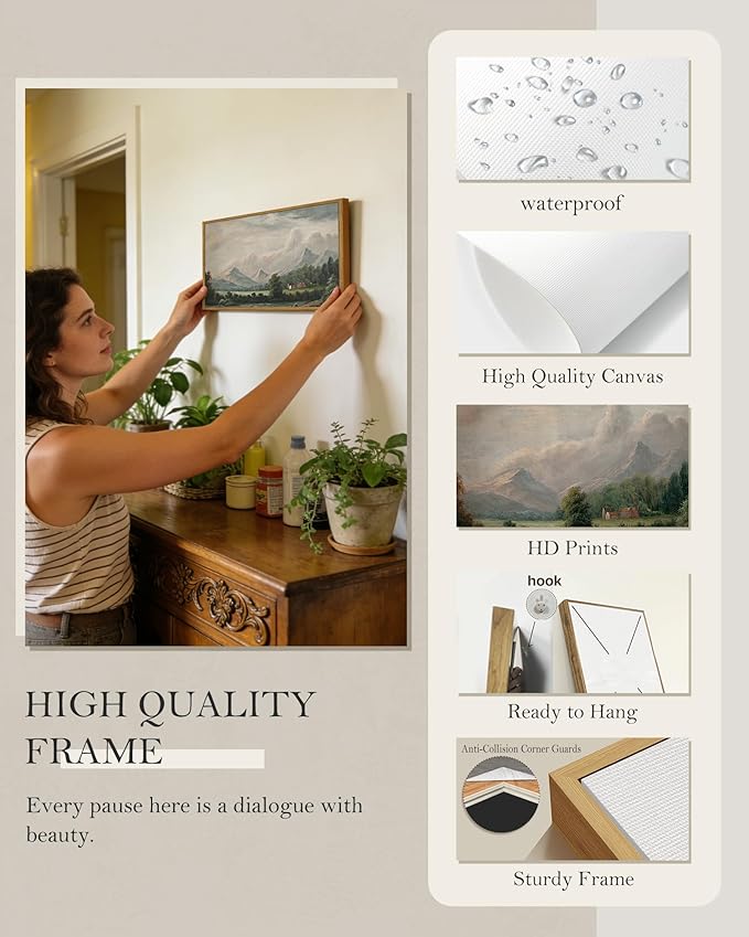 SHENIFY Vintage Framed Wall Art Country Village Landscape Painting Retro Mountain Meadow Scenery Farmhouse Kitchen Living Room Decor - 8x16in Natural Framed