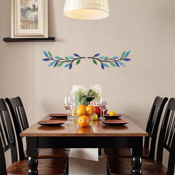 Metal Tree Leaf Wall Decor 2 PCS Rustic Vine Branch Leaf Wall Art for Living Room Bedroom Bathroom Decorations - Bright Color