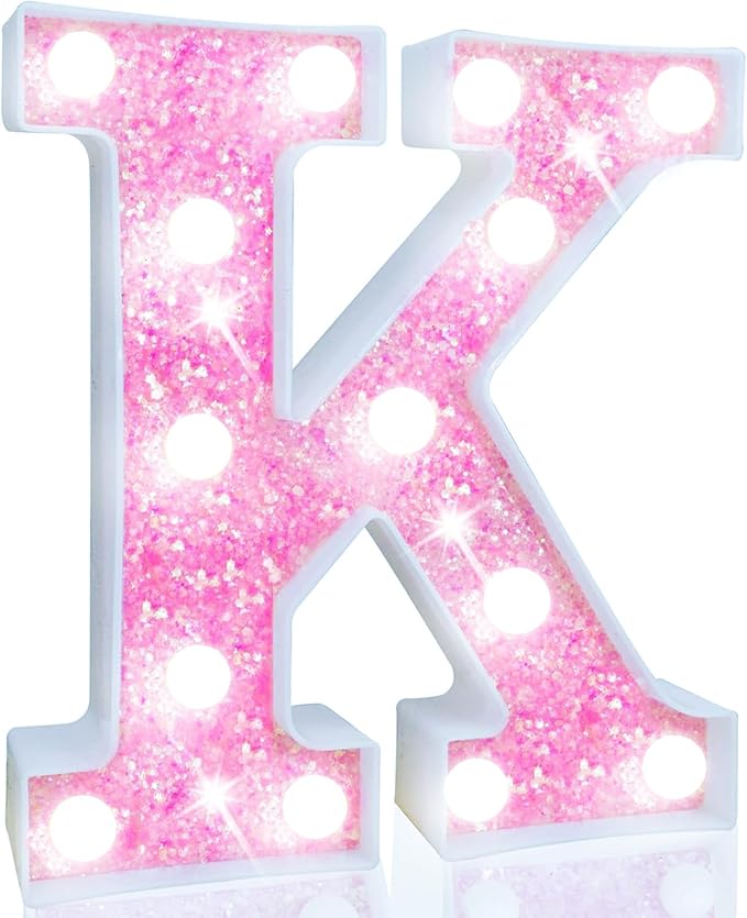 Pooqla LED Marquee Letter Lights, Light Up Letters for Birthday Decorations, Glitter Letter Sign Battery Powered Night Light Pink Party Wedding Christmas Girls Gift Bedroom Dorm Decor, Cool White K