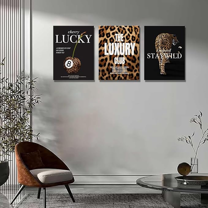 Fashion Leopard Wall Art Set of 3, Trendy Animal Print Canvas Wild Cheetah Inspirational Lucky 8 Ball Painting Wall Decor Artwork for Girls Bedroom Living Room Office Bar Home Decor 24x16 in Framed