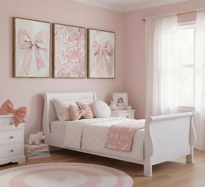 Framed 3D Textured 3Pcs Trendy Pink Bow Canvas Wall Art Vintage Cute Preppy Watercolor Bow Painting Pictures Wall Decor Posters Prints Girly Aesthetic for College Apartment Bedroom Decoration