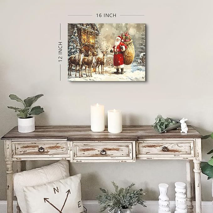 Christmas Wall Art Santa Claus Wall Decor Vintage Farmhouse Deer Pictures Christmas Reindeer Canvas Poster Winter Snow Landscape Painting Artwork for Living Room Bedroom Home Decorations 12x16"