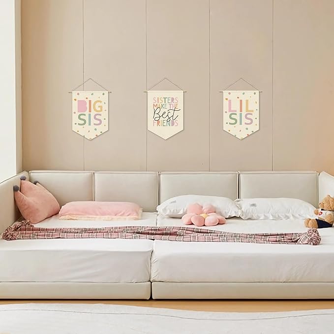 Big Sister Canvas Banner Pink Girl Nursery Decor,Sisters Bedroom Playroom Wall Art Decorations,Boho Twin Room Sign,Big Sis Lil Sis,Two Baby Kids Room Sibling Wall Hanging Pennant Flag Banner