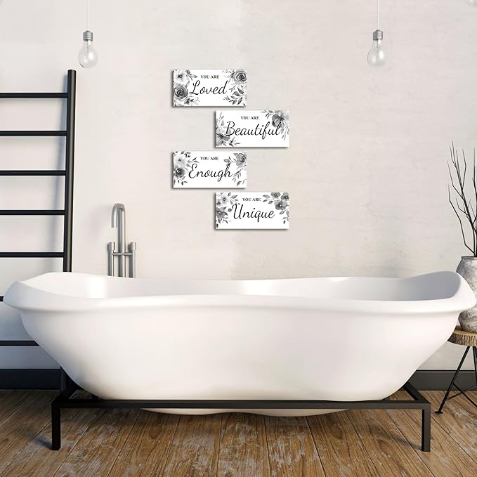 HOMEOART 4 Piece Framed Inspiration Floral Wall Decor Positive Saying Word Art Pictures Farmhouse Bathroom Wall Decor Painting Woman Teen Girl Room Sign, Framed 6x12inchx4pcs (Grey)