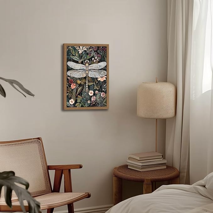 Framed Vintage Wall Art Dark Green Dragonfly Flowers Nature Insect Canvas Painting Picture Print for Living Room Bedroom Home Wall Decor Ready to Hang Wooden frame16x24in