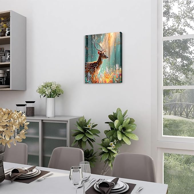 Deer Wall Art Fall Forest Pictures Wall Decor Colorful Flowers Picture Autumn Trees Landscape Canvas Prints Wildlife Animal Painting Woodland Elk Artwork for Bedroom Living Room Home Decoration 12x16"