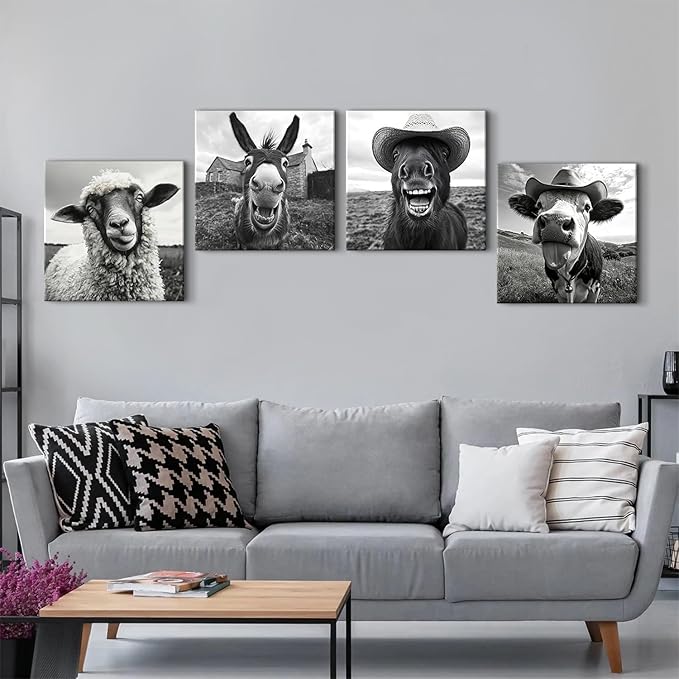 Farmhouse Animal Wall Art Funny Cow Wall Decor Black and White Prints Horse Pictures Cowboy Posters Canvas Prints Humor Animals Paintings Country Artwork for Kitchen Living Room Home Decoration 16x16”