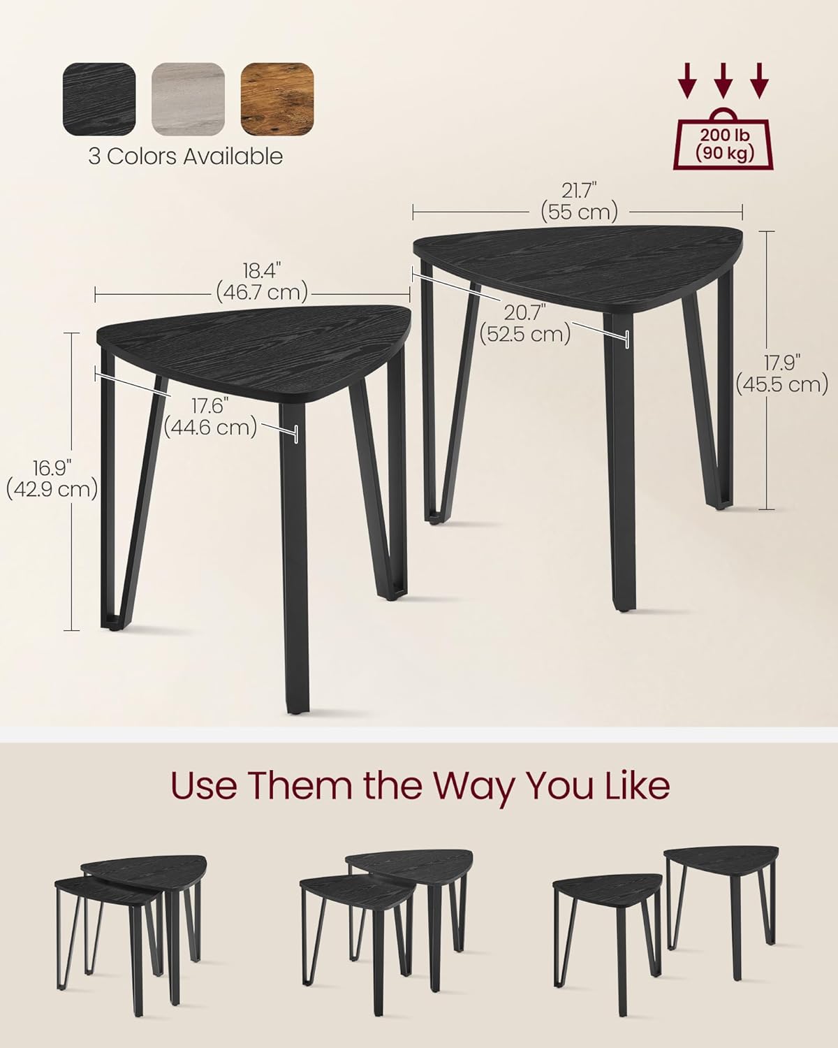 VASAGLE Nesting Coffee Tables, End Tables Set of 2 for Living Room Bedroom, Industrial Small Stacking Side Tables with Metal Frame for Couch, Charcoal Gray and Black ULET013B56
