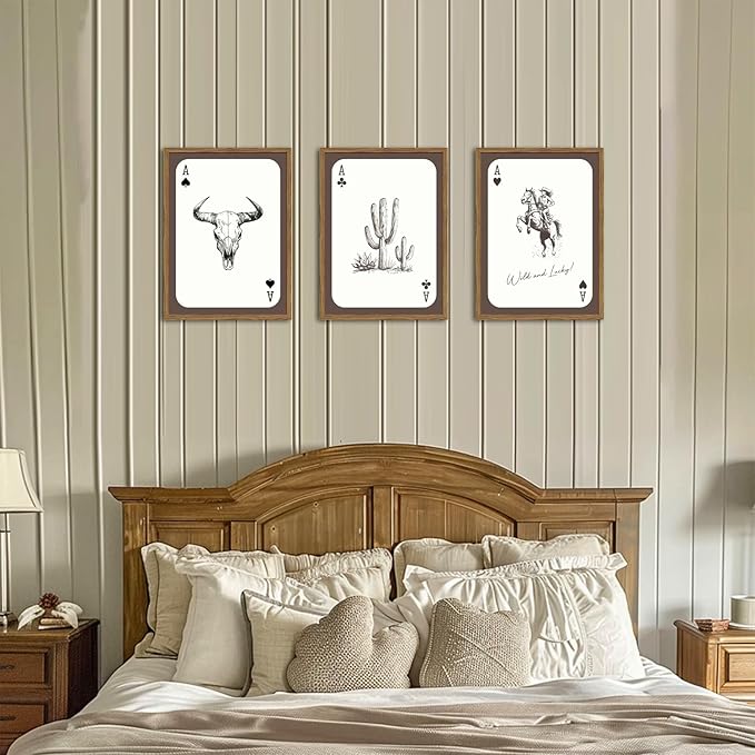 Western Cowboy Wall Art Set of 3, Vintage Cowgirl Rodeo Decor Painting, Southwestern Rustic Aesthetic Artwork Canvas Prints for Living Room Bedroom Farmhouse 12x16 inch Wood Framed