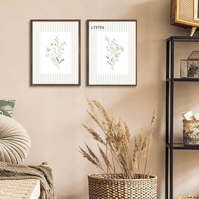 LYVTEU 2Pcs Neutral Wildflower Wall Art Vintage Floral Botanical Canvas Wall Decor Watercolor Striped Boho Flower Bouquet Pictures Prints Posters for Bedroom Farmhouse Wall Decor 12X16 Inch Unframed