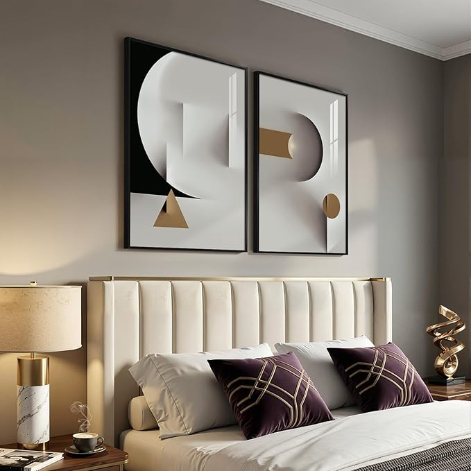 Large Framed Modern Elegant Abstract Wall Art, 2 Piece Black White Gold Geometric Prints Paintings Artwork for Walls, Minimalist Wall Pictures for Living Room Dining Bedroom Hallway Wall Decor 24x36 In
