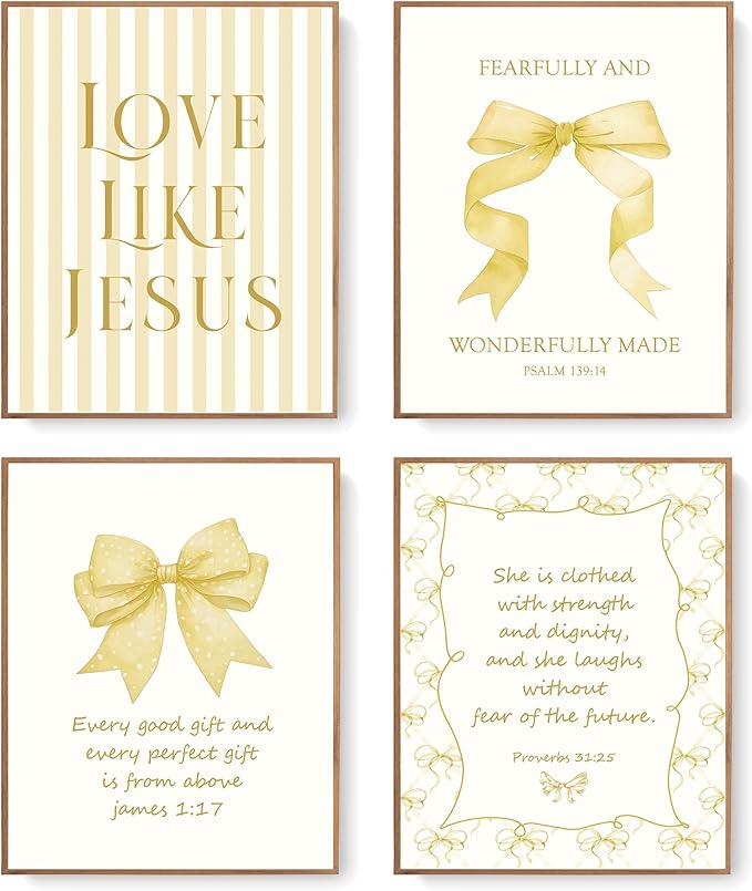 LARTSFRO Coquette Yellow Bow Jesus Wall Art Decor Posters, Butter Yellow Bow Christian Room Bedroom Bathroom Dorm Wall Art Decor Aesthetic for College Teen Girls Gifts, Inspirational Bible Verses Bow Wall Decor, 10x8 Inch Set of 4 Bow Pictures(UNFRAMED)