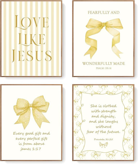 LARTSFRO Coquette Yellow Bow Jesus Wall Art Decor Posters, Butter Yellow Bow Christian Room Bedroom Bathroom Dorm Wall Art Decor Aesthetic for College Teen Girls Gifts, Inspirational Bible Verses Bow Wall Decor, 10x8 Inch Set of 4 Bow Pictures(UNFRAMED)
