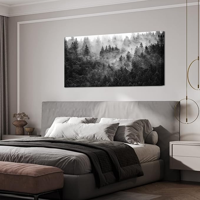 KREATIVE ARTS Black and White Misty Foggy Mountain Landscape Canvas Wall Art - Breathtaking Scene of Fir Forest in Hipster Style Picture Prints Rustic Decor for Home Office 20x40 Inches (20x40)