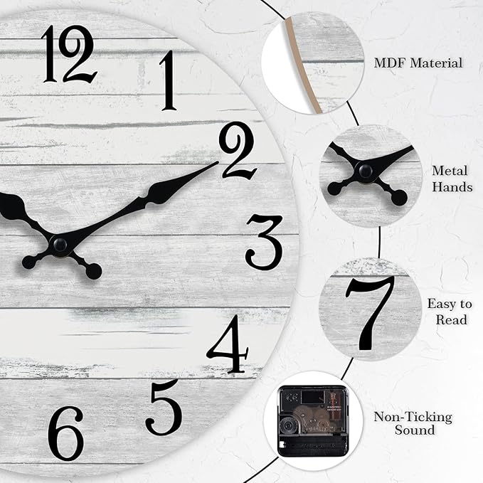 Wall Clock Battery Operated 18 Inch Large Gray Silent Non Ticking Country Rustic Design Vintage Retro Decorative for Bathroom Kitchen Bedroom