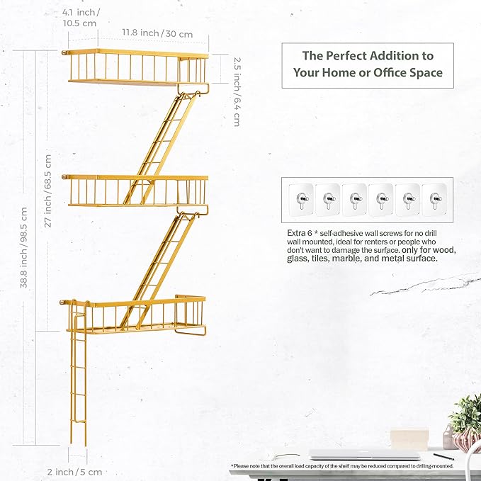 Fire Escape Wall Shelf Gold - New York Decorative Ladder Shelf, Metal Decorative Shelving for Living Room, Home Décor, Action Figure Display (3-Tier)