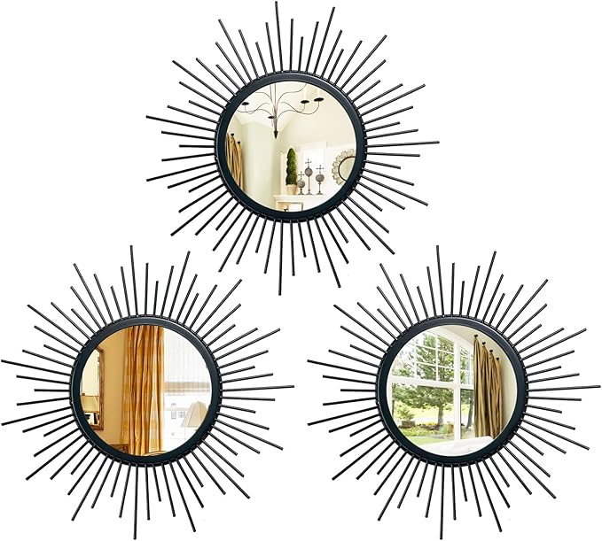 Cityelf 3 Set Black Mirrors for Wall Decor Metal Mirrors Small Mirror Sets Hanging Mirror Wall Sculpture for Bedroom Living Room Entryway