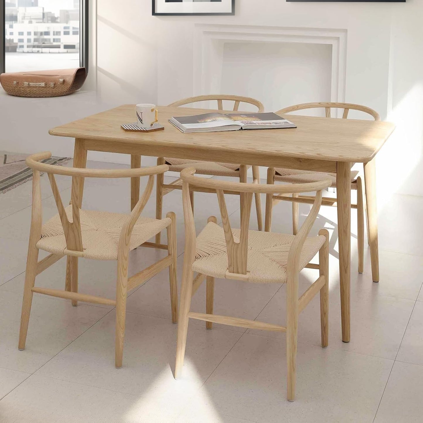 Wishbone Chair Natural Solid Wood Dining Chair/Hans Vegner Y Chair Rattan and Wood Accent Armrest Chair (Ash Wood + Natural Wood Color)
