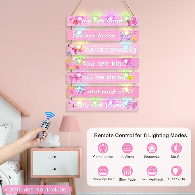 FIOBEE Girls Room Décor for Teen Girls Boys with LED Light Wall Decor for Bedroom Motivational Inspirational Wall Art Room Decoration for Kids Studyroom, 8 Kinds of Lights, Light Pink Butterfly
