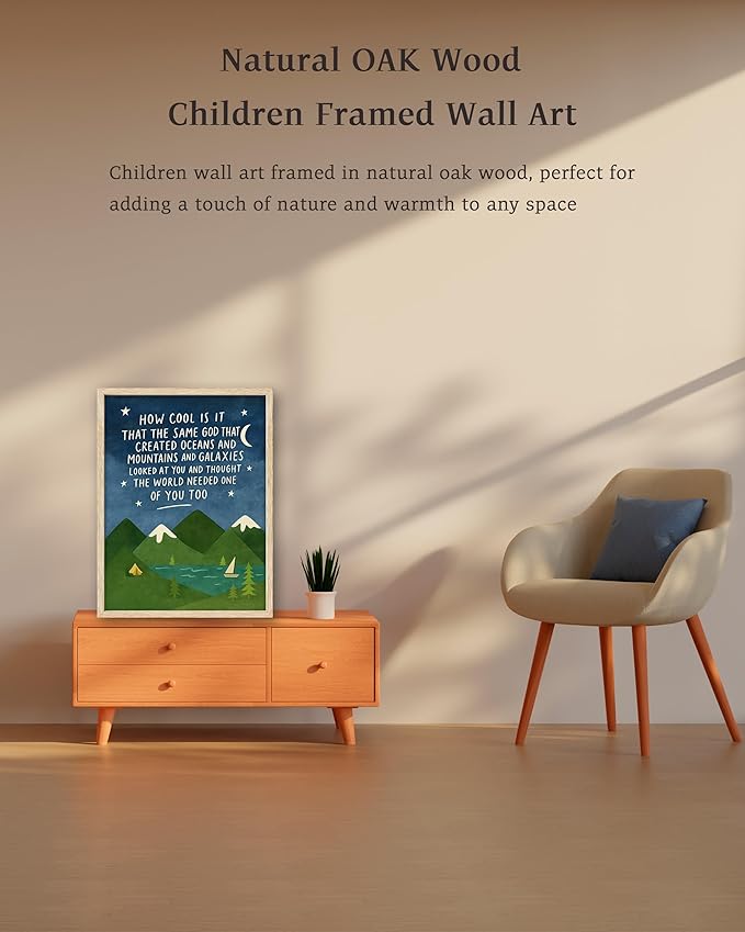 KensTro Natural OAK Wood Same God Creation Framed Wall Art, 16x20 in Inspirational Christian Bible Verse Canvas Art,Mountain Nursery Decor,Blue Set of 1 for Christian Boys Room for Boy Adoption Gifts