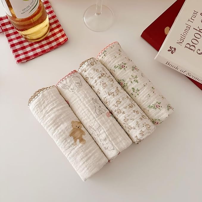 BuLuTu 4 Pack Sweet Floral Kitchen Dishcloths Dish Towels Reusable Cleaning Cloths Cotton Muslin Tea Towel, Super Absorbent Multi-Purpose Wash Clothes Hand Towels, 11x11 Inches