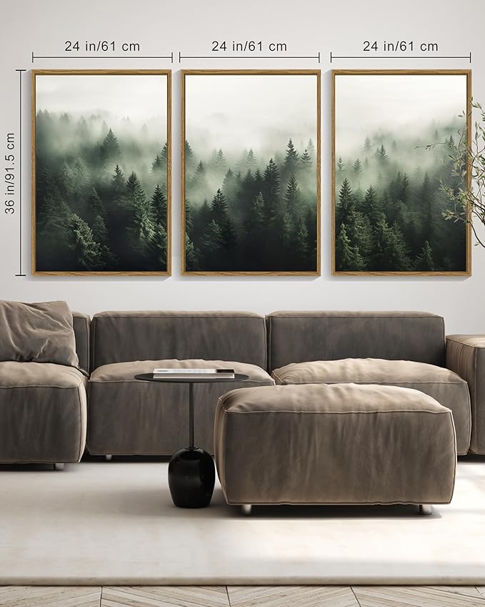 SHENIFY Green Fog Pine Tree Forest Canvas Wall Art Large 24x36in Framed Nature Modern Artwork Prints Decor - Natural Framed