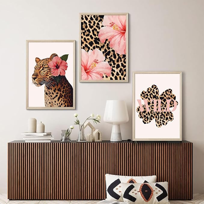 Trendy Leopard Wall Art Pink Cheetah Print Room Decor Leopard Flower Canvas Wall Decor Cheetah Aesthetic Poster Girly Pink Preppy Picture Funky Y2k Artwork for Girl Bedroom 16x24x3 Inch Wood Framed