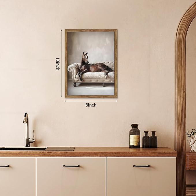 Framed Funny Horse Wall Art, Vintage Brown Horse Laying on Sofa Canvas, Modern Farmhouse Western Wall Decor, Grace Animal Pictures Prints for Living Room Bedroom Office Dorm 8x10 inch
