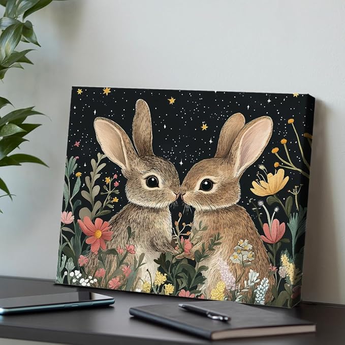 Aesthetic Rabbits Wall Art Decor Dark Witchy Rabbit Moon Celestial Canvas Print Poster Floral Framed Painting for Home Living Bedroom Decor 8x10 Inch
