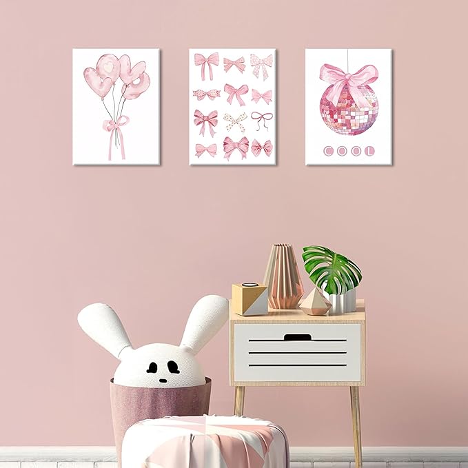 Preppy Pink Bow Canvas Wall Art, Trendy Bows Coquette Room Wall Decor Paintings, Pink Girly Disco Aesthetic Posters Prints Pictures for Girls Dorm Bedroom 16x24 Inch Framed