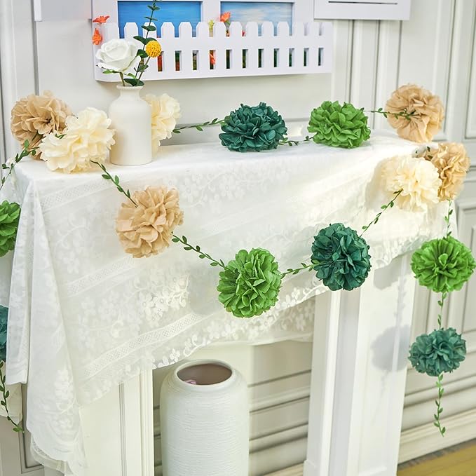 Paper Flower Garland, Saga Green, Light Beige and Cream Color Tissue Paper Flowers Party Decorations, Paper Flowers for Baby Shower, Garden Party, Wedding, Wall Decor, Spring Summer Decor
