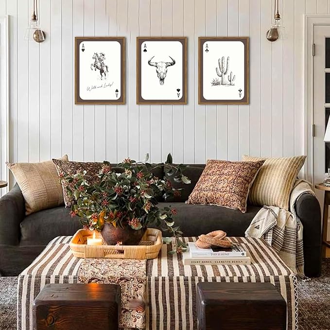Western Cowboy Wall Art Set of 3, Vintage Cowgirl Rodeo Decor Painting, Southwestern Rustic Aesthetic Artwork Canvas Prints for Living Room Bedroom Farmhouse 12x16 inch Wood Framed
