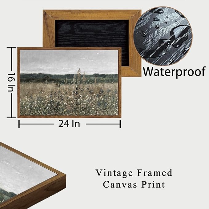 OIQArtOIQ Vintage Framed Wall Art Wildflower Field Meadow Canvas Art Prints Rustic Farmhouse Landscape Pictures Wall Decor Modern Cottagecore Paintings Artwork For Bedroom Bathroom Office Living Room