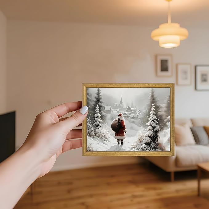 Vintage Christmas Canvas Wall Art, Wood Framed Santa Claus Wall Decor Painting, Rustic Farmhouse Winter Snow Scene Poster Print Picture 8x10 inch, Best Holiday Decor for Living Room Bedroom Home