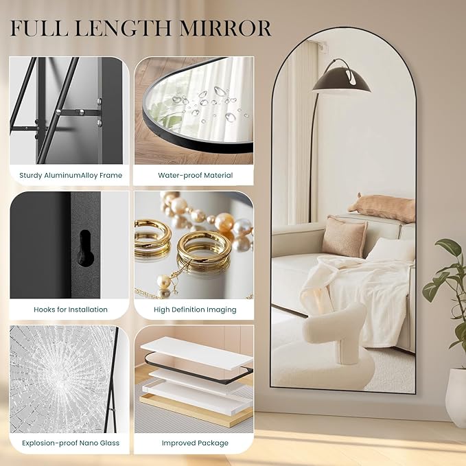 DUMOS Arched Full Length Mirror with Stand Floor Standing Aluminum Frame for Bedroom Body Hanging Leaning Modern Simple Home Decor Shatter-proorf Nano Glass Wall Living Room Natural Black, 70.4"x25.6"