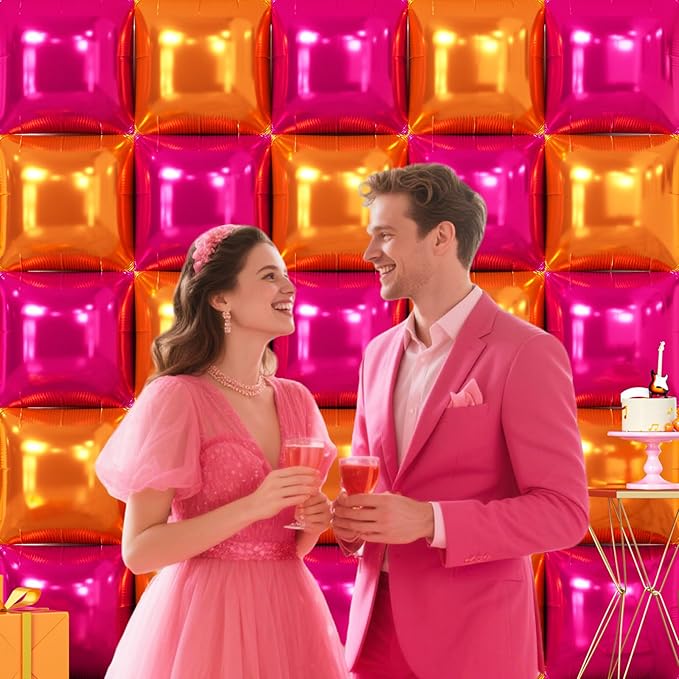 NISOCY 25PCS Rose Red and Orange Square Foil Balloons Wall Backdrop Double Sided Hot Pink Orange Balloons Arch Kit for Birthday Baby Shower Valentine's Day Wedding Tropical Party Decorations
