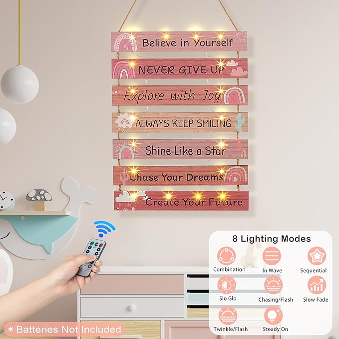 FIOBEE Girls Room Décor for Teen Girls Boys with LED Light Wall Decor for Bedroom Motivational Inspirational Wall Art Room Decoration for Kids Studyroom, 8 Kinds of Lights, Light Pink Boho