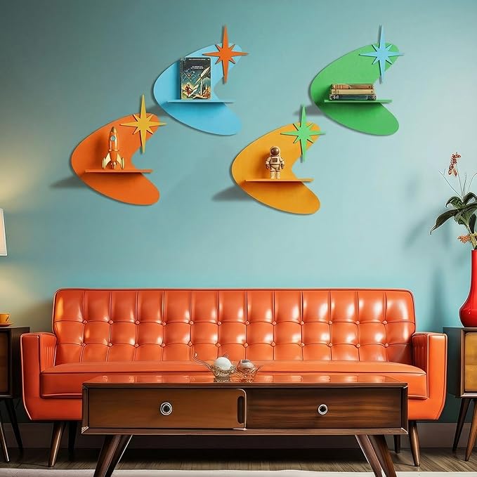 4 Pcs Mid Century Wall Decor Wooden Retro Celestial Star Shaped Burst Wall Art Mount Shelves for Aesthetic Hanging Storage Sign Decoration for Room Bedroom Party(Star-Shaped Burst)