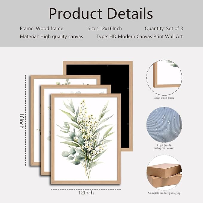 3Pcs Framed Vintage Botanical Wall Art Plant Floral Watercolor Canvas Prints Sage Green Painting Eucalyptus Leaf Picture Modern Minimalist Boho Bedroom Bathroom Living Room Ready to Hang 12x16in