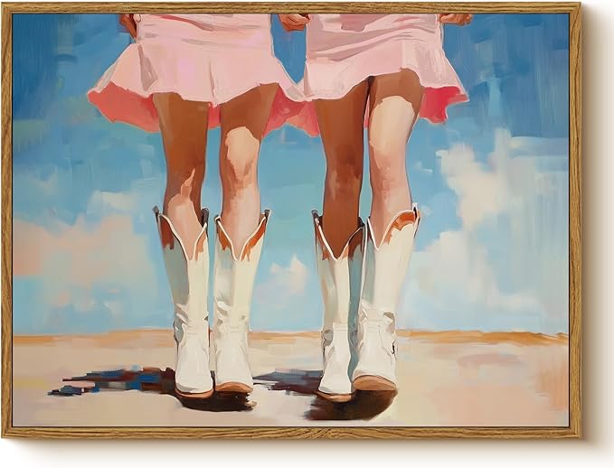 Western Cowgirl Boots Pink Dress Summer Painting Print, 12x16 Inch Framed Canvas Wall Art, Retro Country Style Artwork Living Room Bedroom Office Farmhouse Modern Home Decor