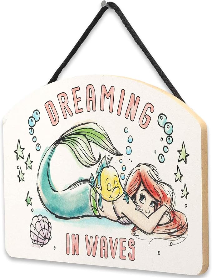 Disney The Little Mermaid Ariel Dreaming in Waves Hanging Wood Wall Decor - Fun Ariel Sign for Bedroom or Play Room