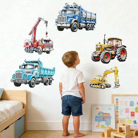 Truck Car Wall Decals for Boys: Construction Design Peel and Stick Vinyl Wall Stickers for Boys Bedroom Kids Room Decor Ages 1-12 Years