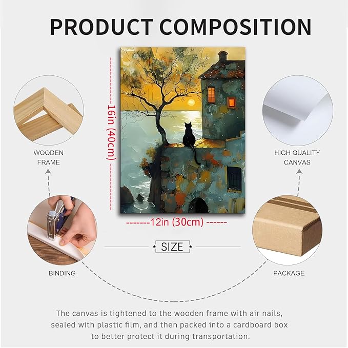 Framed Cat Watching Sunset Wall Art, Black Cat Silhouette Canvas Print Picture, Vintage Coastal Landscape Oil Painting Style, Cat Wall Decor for Living Room Bedroom 12x16 Inch